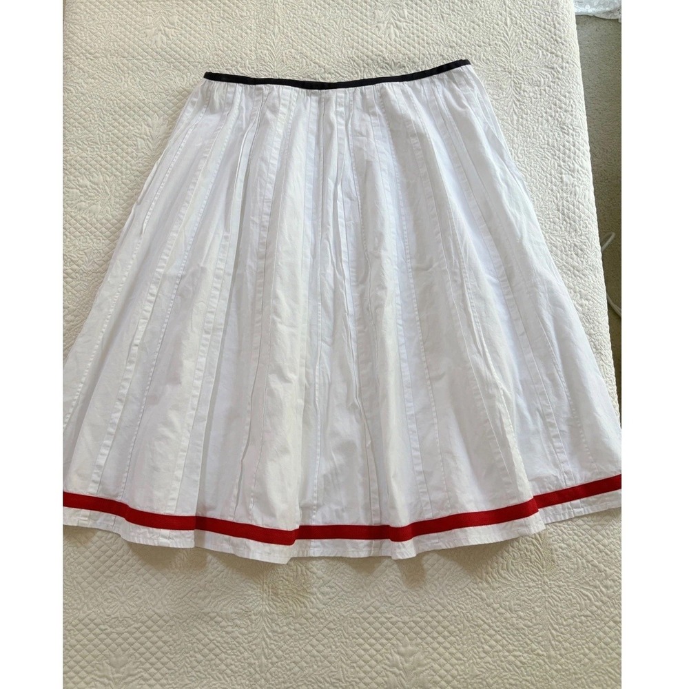 Boden White Cotton Skirt Size 8L Pleated A-Line Red Navy Trim Nautical